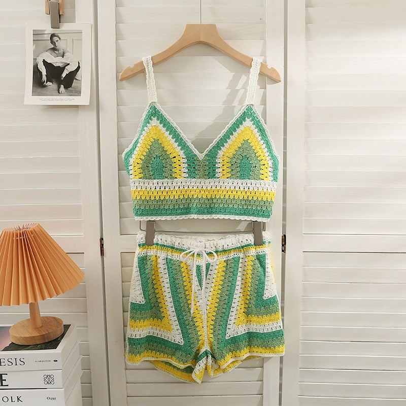 Knitted Festival Patchwork Top & Shorts Set