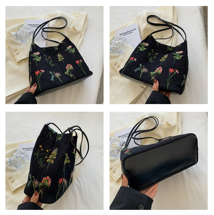 Floral Embroidered Black Bag