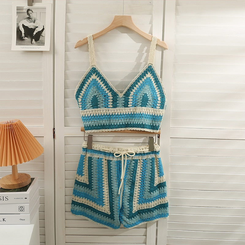 Knitted Festival Patchwork Top & Shorts Set