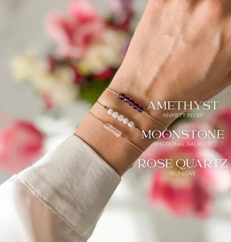 Calm Crystal Moonstone, Amethyst & Rose Quartz Bracelet Set