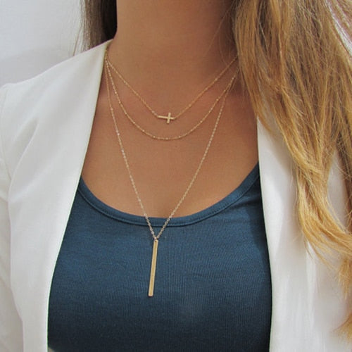 Sideways Cross Multi Layer Necklace