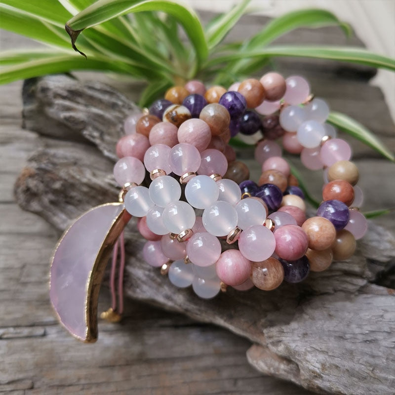 Rose Quartz & Moon Mala Bead Necklace