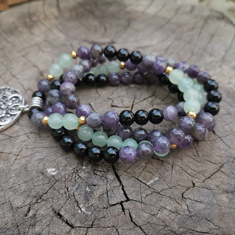 Amethyst & Green Aventurine Lotus Mala Bead Necklace