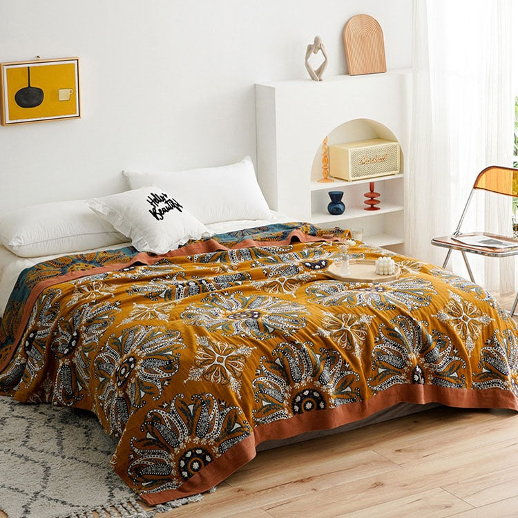 Ochre Sunflower Cotton Reversible Blankets