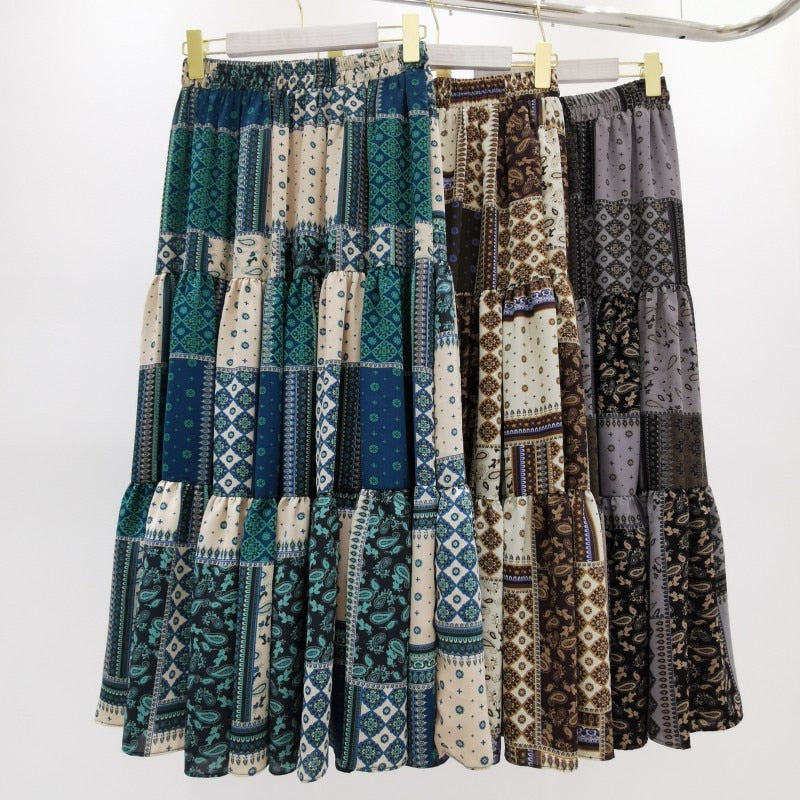 Patchwork Pleated Skirt