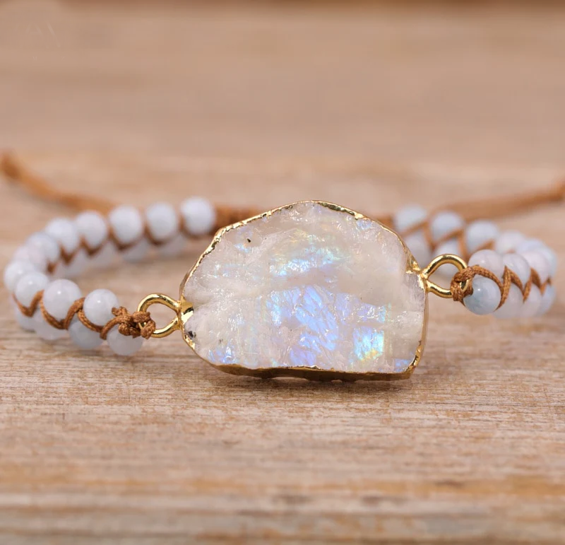 Moonstone Druzy & Aquamarine Beaded Bracelet