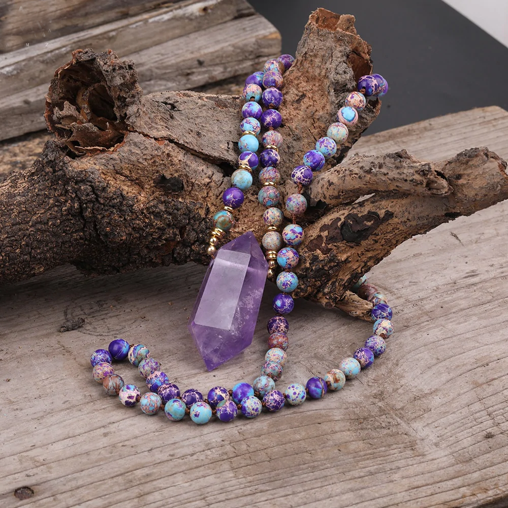 Amethyst & Jasper Double Point Crystal Necklace