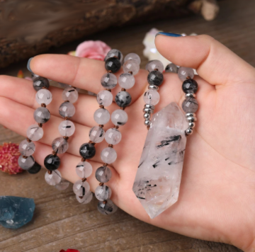 Black Rutilated Quartz Double Point Beaded Crystal Necklace