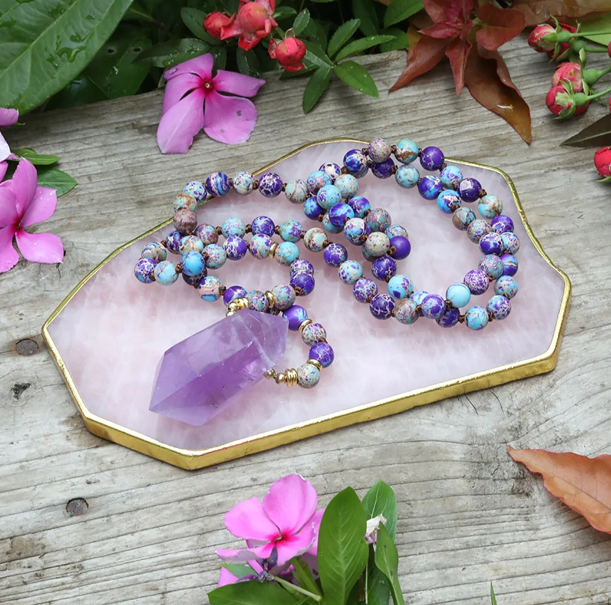 Amethyst & Jasper Double Point Crystal Necklace