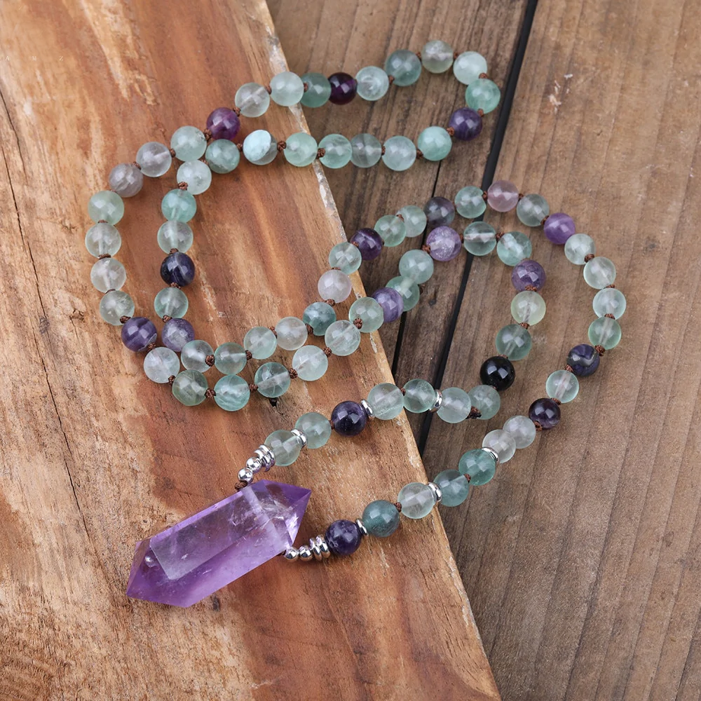 Amethyst & Fluorite Double Point Crystal Necklace