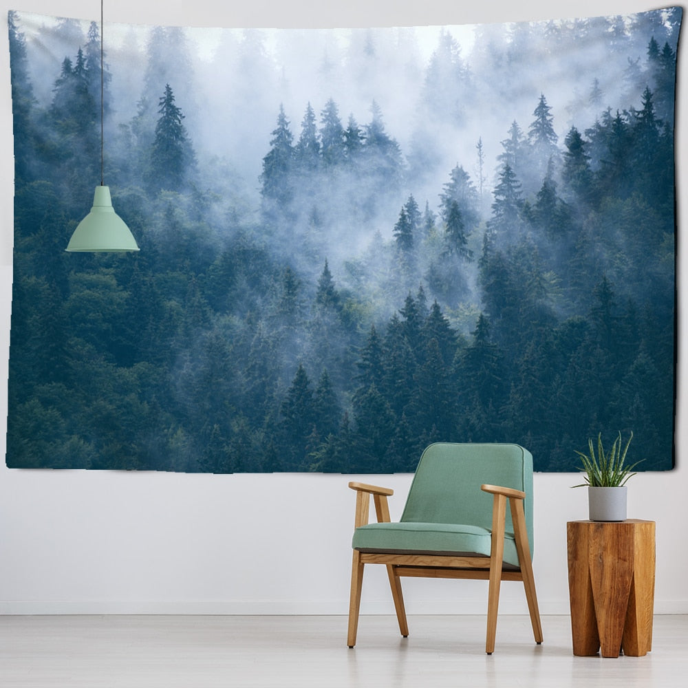 Foggy Mountain Forest Tapestry