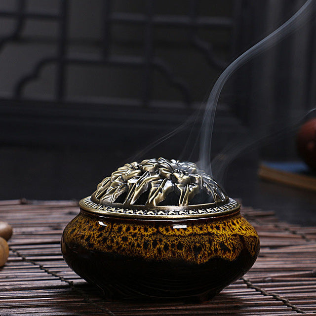 Antiqued Copper & Ceramic Incense Burner