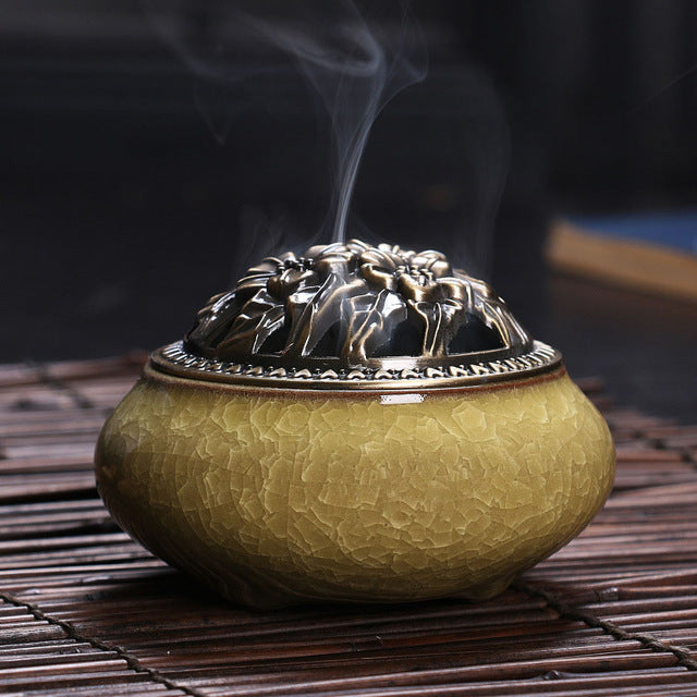 Antiqued Copper & Ceramic Incense Burner