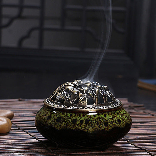 Antiqued Copper & Ceramic Incense Burner