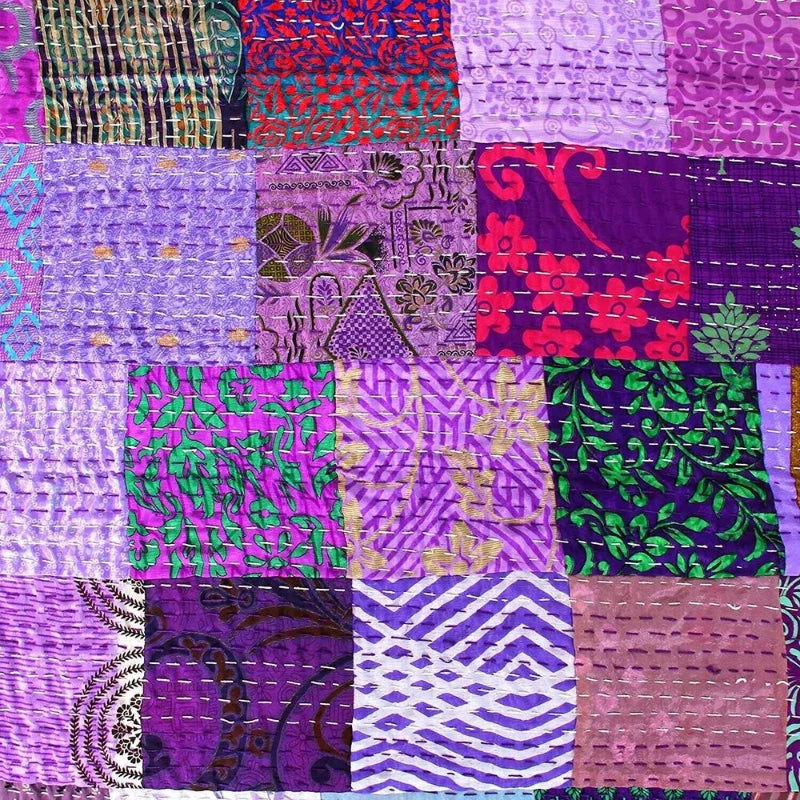 Indian Silk Purple Patchwork Kantha Quilt