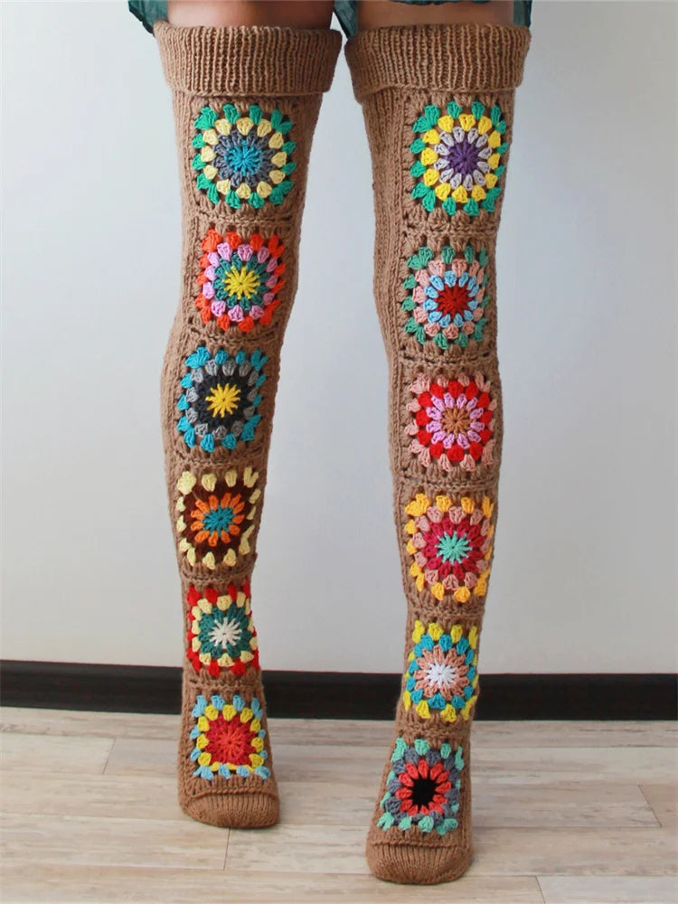 Flower Crochet Knit Over Knee Socks