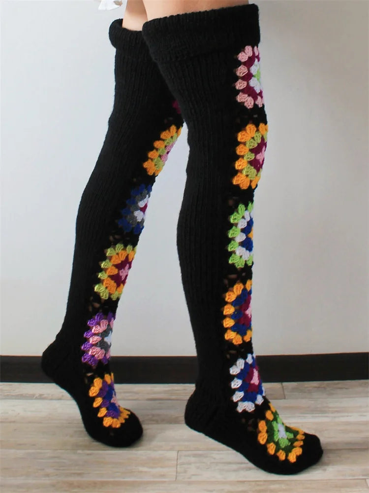 Flower Crochet Knit Over Knee Socks