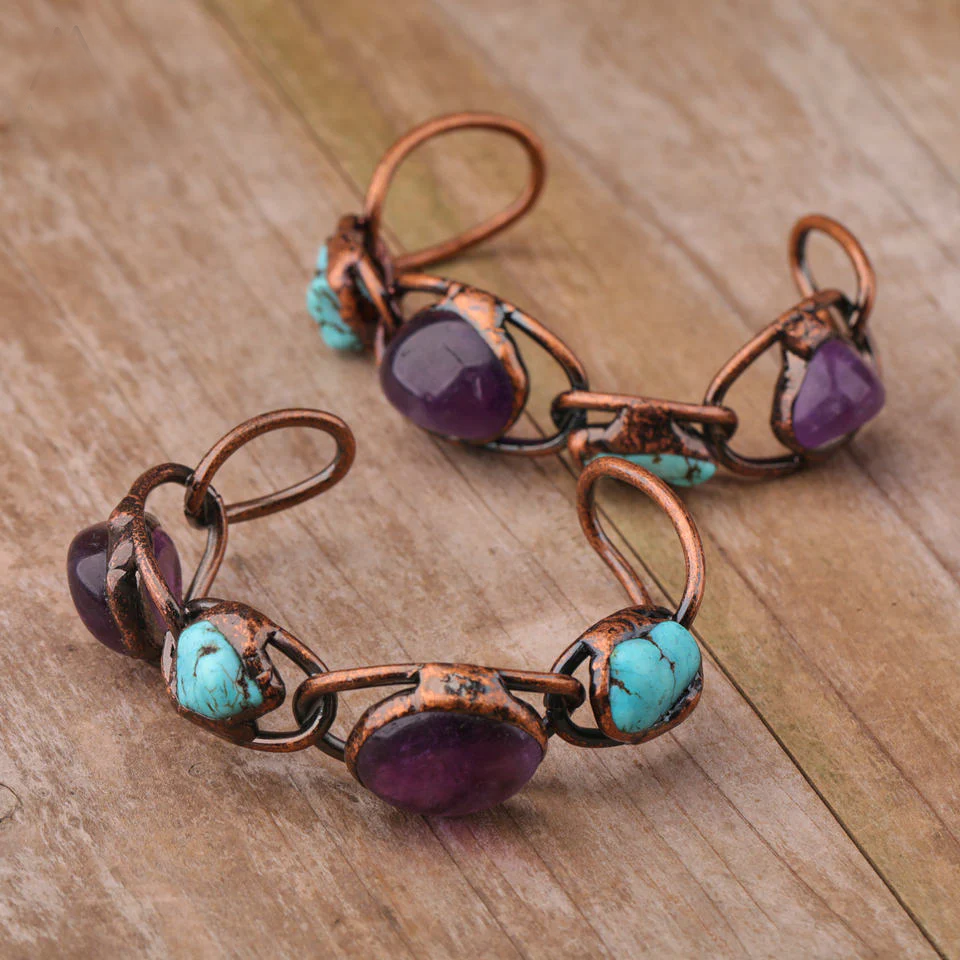 Amethyst & Turquoise Crystal Copper Cuff Bracelet