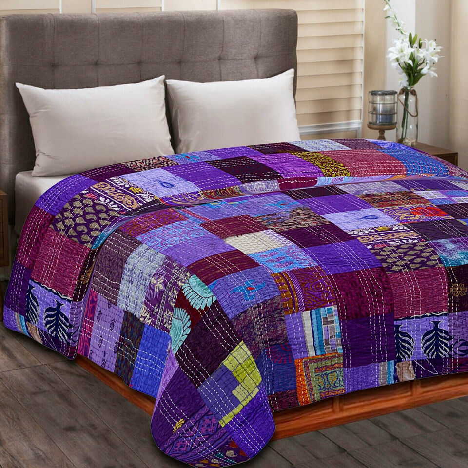 Indian Silk Purple Patchwork Kantha Quilt