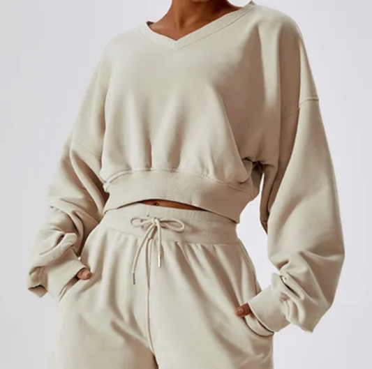 Solid V Neck Cropped Sweatshirt