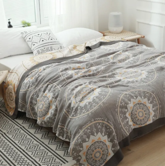 Gray Mandala Cotton Reversible Blanket