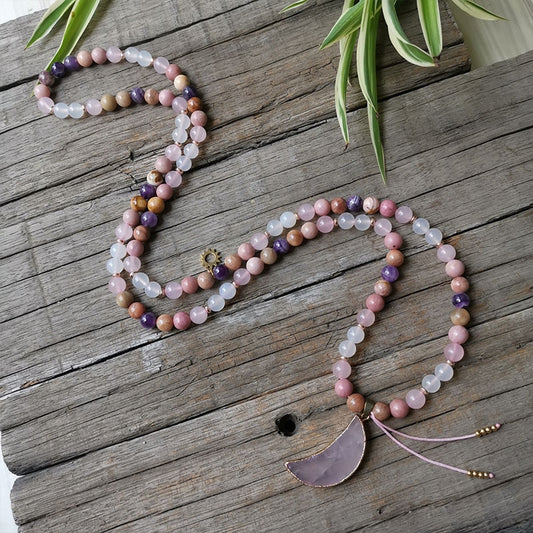 Rose Quartz & Moon Mala Bead Necklace