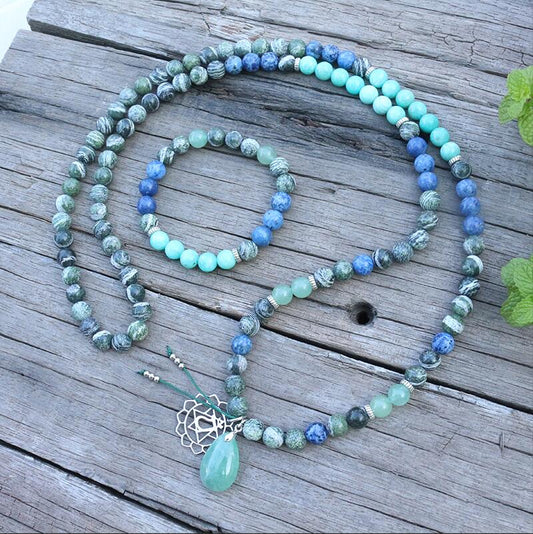 Aventurine & Green Zebra Stone Mala Bead Necklace