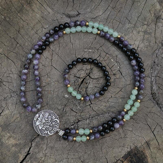 Amethyst & Green Aventurine Lotus Mala Bead Necklace