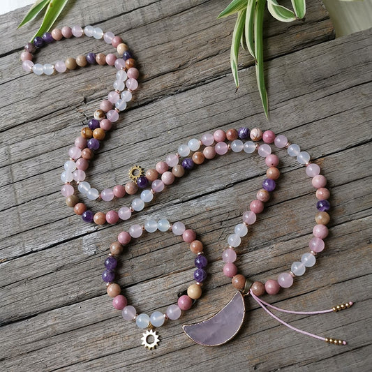 Rose Quartz & Moon Mala Bead Necklace