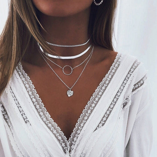 Leaf & Circle Multi Layer Necklace