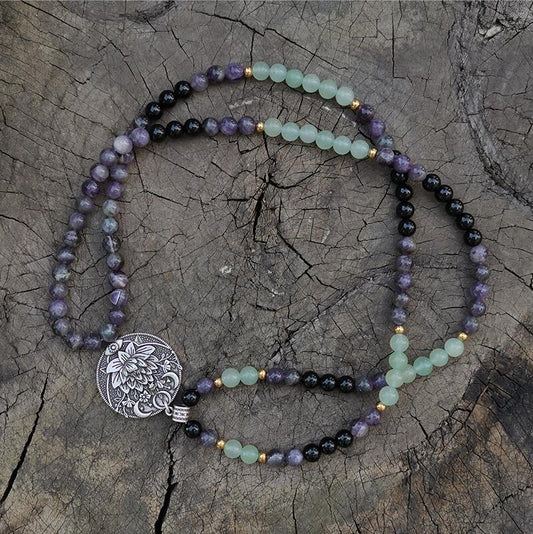 Amethyst & Green Aventurine Lotus Mala Bead Necklace