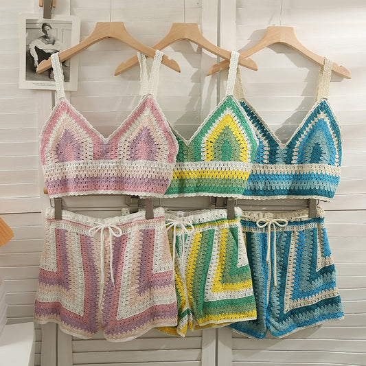 Knitted Festival Patchwork Top & Shorts Set