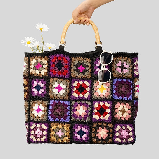 Crochet Granny Square Bamboo Handle Tote Bag