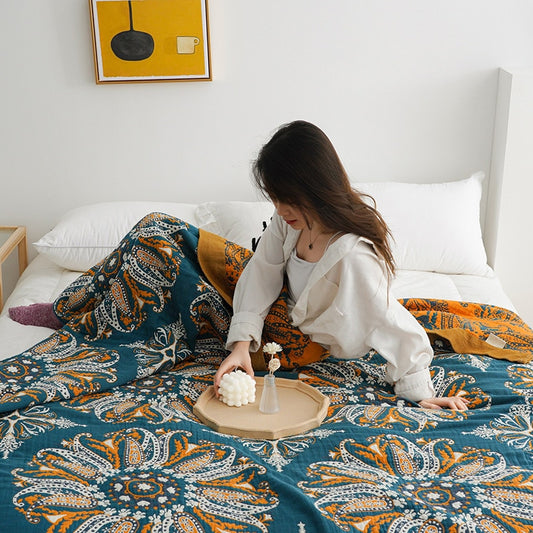 Blue Sunflower Cotton Reversible Blanket