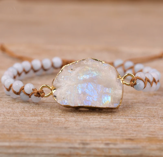 Moonstone Druzy & Aquamarine Beaded Bracelet