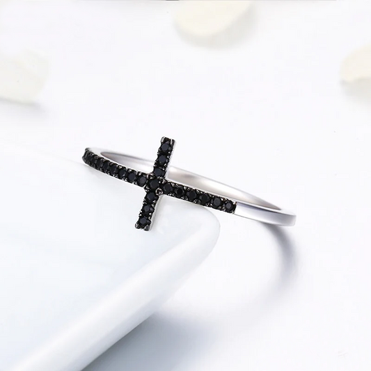 Black Stone Cross Ring