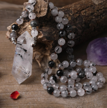 Black Rutilated Quartz Double Point Beaded Crystal Necklace