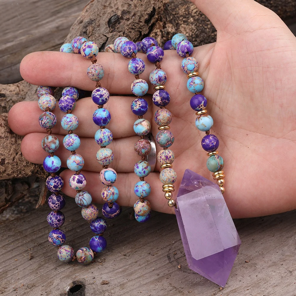 Amethyst & Jasper Double Point Crystal Necklace