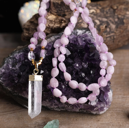 Kunzite & Clear Quartz Crystal Beaded Necklace