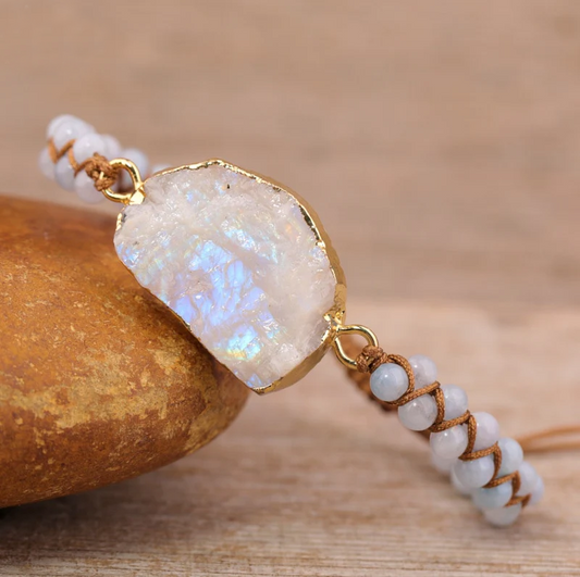 Moonstone Druzy & Aquamarine Beaded Bracelet