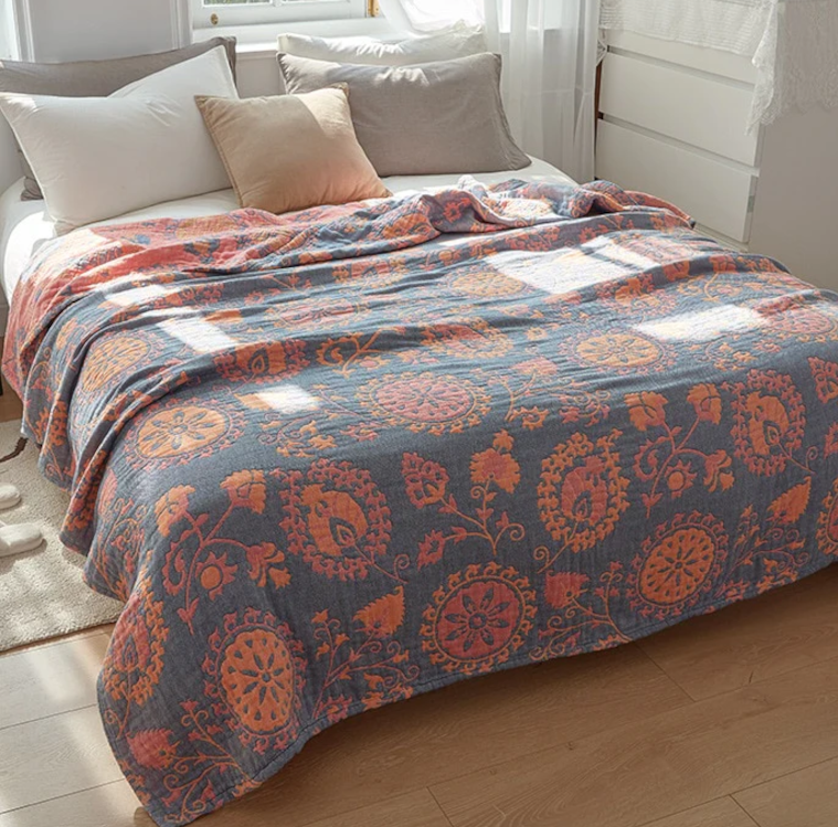 Sunflower Orange & Blue Cotton Reversible Blanket
