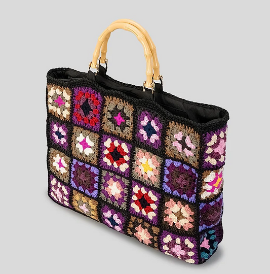 Crochet Granny Square Bamboo Handle Tote Bag