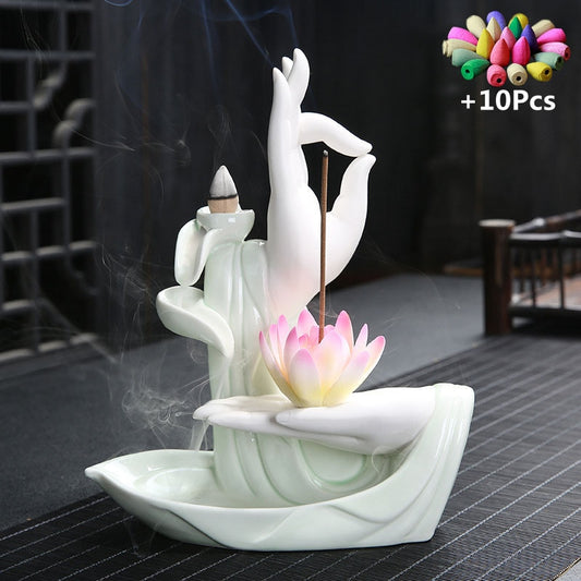 White Buddha Hand & Lotus Backflow Incense Burner