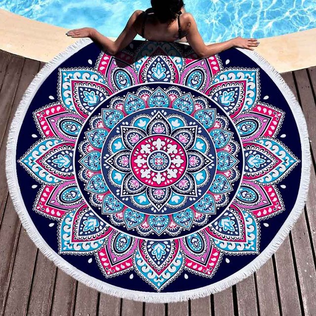 Blue Pink Flower of Life Mandala Round Microfiber Towel, Throw, & Tapestry
