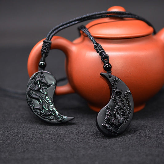 Obsidian Dragon Yin Yang Necklace Set