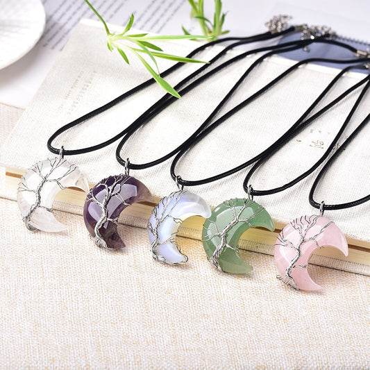 Crescent Moon Wire Wrapped Crystal Necklace