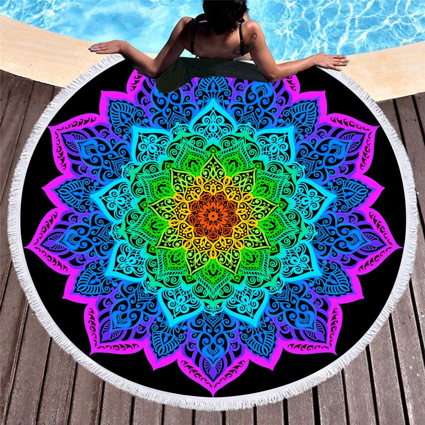 Rainbow Mandala Round Microfiber Towel, Throw, & Tapestry