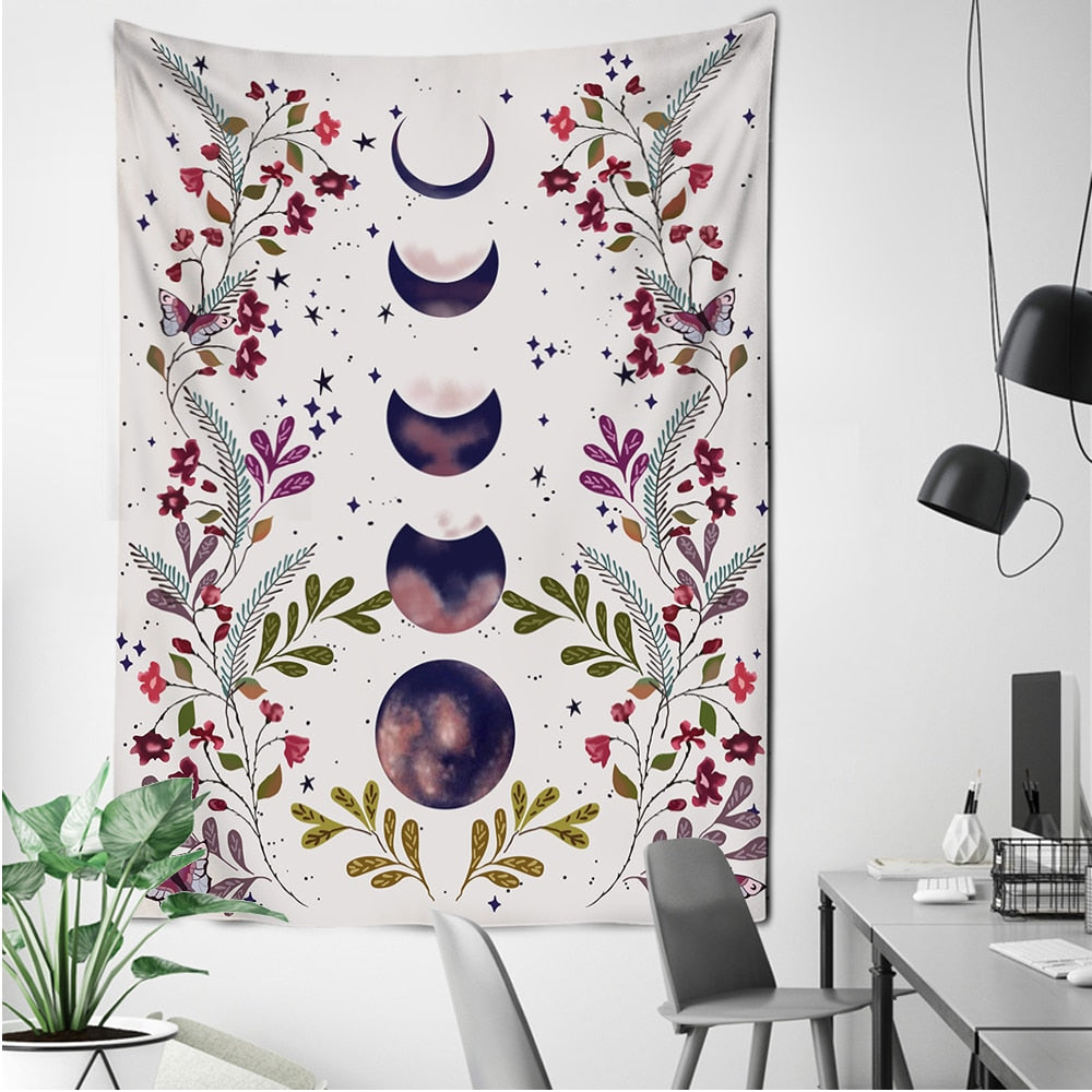 Purple Moon Phase Floral Tapestry