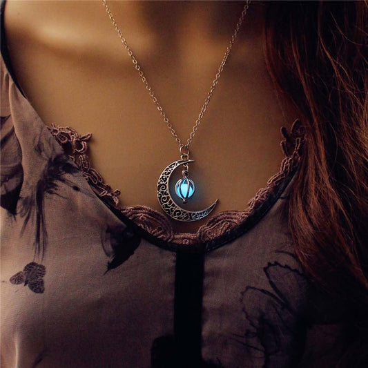 Glowing Orb & Crescent Moon Necklace