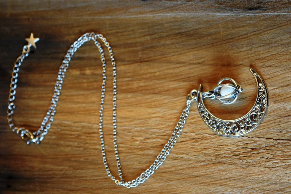 Glowing Orb & Crescent Moon Necklace